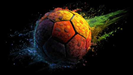 An artistic representation of a soccer ball bursts into vibrant colored powder against a dark backdrop. The image features a dynamic composition, with a variety of warm and cool tones. It could be suitable for sports related projects or designs.の素材