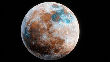 This image features a detailed rendering of a celestial body with a complex surface. The planet displays varied colors, including shades of brown and blue. The composition suggests an isolated environment, possibly against a dark backdrop. Suitable for a range of creative and editorial applications, this image offers visual interest.の素材