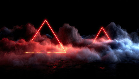 Two bright red neon triangles glow amidst swirling grey and blue clouds or fog. The image features a dark background, highlighting the vivid colors and textured atmosphere. This digitally created artwork may be suitable for various commercial or artistic applications.の素材