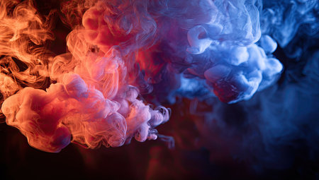 This image features billowing smoke in vibrant orange and blue colors. The smoke appears against a dark background, showcasing its textures and forms. The composition highlights the interaction of light and color. It could be useful in graphic design, artistic projects, or as an element in visual concepts.の素材