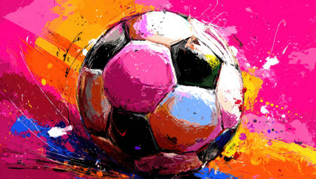 An abstract illustration features a soccer ball in the center, rendered with brushstrokes and vibrant colors. The artwork showcases a dynamic composition with a pink, orange, and blue palette. Suitable for various design projects, it is adaptable for sports-themed promotions and decorative purposes, conveying energy and movement.の素材