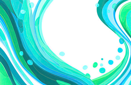 An abstract illustration presents flowing turquoise and blue waves with scattered, small, green and blue bubbles. The design features a bright, clean, white copy space. Suitable for various creative projects, this image lends itself to both commercial and editorial applications, offering a dynamic and refreshing visual.の素材