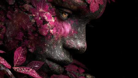 This image presents a profile view of an abstract statue, its form partially obscured by vibrant pink foliage. The artwork exhibits a textured surface, and the composition uses dramatic lighting against a black background. Suitable for conceptual illustrations, design projects, and visual storytelling, it could be used in various commercial applications.の素材