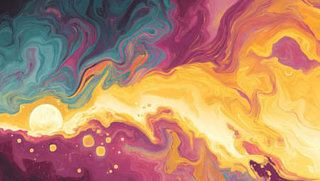 This image presents an abstract composition featuring swirling colors and fluid forms. The artwork showcases a mix of vibrant hues, with textures suggesting a dynamic, flowing substance. Ideal for decorative or background use, the image is composed using digital techniques creating a visually appealing effect. Suitable for a wide range of commercial applications.の素材