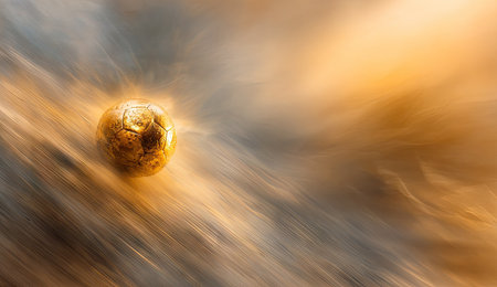 An abstract digital artwork features a soccer ball with motion blur, rendered in warm tones of gold and brown. The composition emphasizes movement and speed. It may be suitable for illustrating sports, action, or dynamic concepts in various commercial and editorial projects.の素材