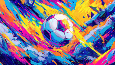 An abstract digital painting showcases a soccer ball at the center. The artwork uses a vibrant palette of blues, yellows, and purples, featuring dynamic brushstrokes. The style is modern and energetic, suggesting speed and motion. This image could be used for various design projects, including sports-related advertising or editorial content.の素材