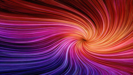An abstract artwork features flowing, curved lines radiating from a central point. The image showcases a blend of colors, including red, orange, purple, and blue. The composition creates a sense of movement and energy, suitable for various design projects and visual communications.の素材