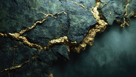 An abstract image showcases a textured stone surface with golden veins. The composition features a dark teal and gold color palette. The detailed surface and lighting create a sense of depth and contrast, possibly suitable for designs or decorative projects.の素材