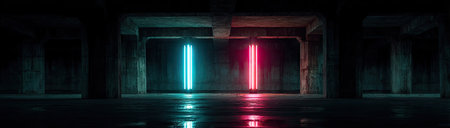 An interior space features two vertical neon lights in blue and red. The lights are reflected on a shiny, dark floor. The composition focuses on abstract forms and contrasting colors. This image could be used for various commercial or editorial purposes, possibly related to technology or design concepts.の素材