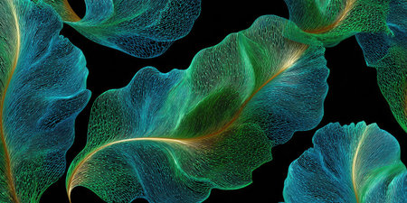 An abstract composition features stylized leaf forms in shades of turquoise, green, and gold. The translucent, layered effect creates depth and texture against a black backdrop. This artwork may be suitable for decorative prints, website backgrounds, or various design projects, offering a sense of natural beauty.の素材