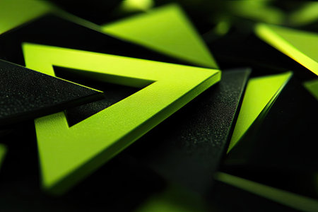 An abstract composition features overlapping green and black triangles. The shapes are rendered with a three-dimensional effect against a dark backdrop. The design utilizes a contrasting color palette and a modern aesthetic. This image may be suitable for graphic design projects or commercial applications.の素材
