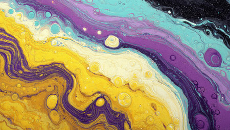 This image presents an abstract composition featuring swirling colors and textures. It showcases a combination of yellow, purple, and blue hues. The flowing forms and marbled effect create a dynamic visual experience. Suitable for various applications, including website design and print materials, offering a versatile artistic element.の素材
