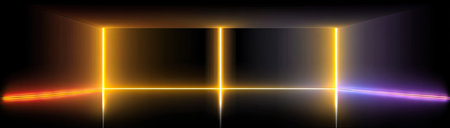 This image presents an abstract composition featuring illuminated rectangular frame elements. The artwork utilizes gradients of orange, yellow, and purple against a dark background. It showcases a modern, minimalist style, suitable for various design applications, potentially for digital content or decorative purposes. The composition is suitable for commercial use.の素材