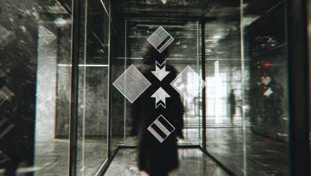 An artistic composition features a geometric arrangement of shapes within a modern architectural setting. The image uses a muted color palette, showcasing shades of gray and white. The artwork explores patterns, light, and shadow, creating a visual display suitable for various creative applications.の素材