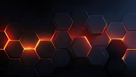 This image showcases a repeating pattern of dark hexagonal shapes, illuminated with vibrant orange light. The composition features a textured appearance, suggestive of depth and dimension. The use of light and shadow creates an intriguing visual effect. Suitable for various applications, including website backgrounds and graphic design projects.の素材