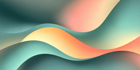 This image presents an abstract composition with layered, flowing shapes. The color palette features a blend of teal, orange, and pink hues, creating a sense of depth and fluidity. This design could be used in various applications, including digital art, website design, and print materials, offering a visually appealing background.の素材