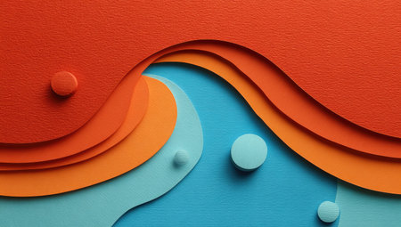 An abstract illustration showcases layered paper art. The composition features flowing, organic shapes in shades of red, orange, and blue, creating a sense of depth and dimension. The image's clean lines and flat style suggest graphic design applications, ideal for backgrounds or design elements in various creative projects.の素材