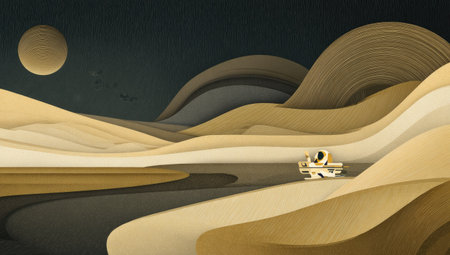 This abstract illustration features a layered landscape with flowing geometric forms and a celestial body. The color palette includes shades of brown, beige, and dark blue, with a soft lighting effect. This image could be used for various purposes such as website backgrounds or print media.の素材