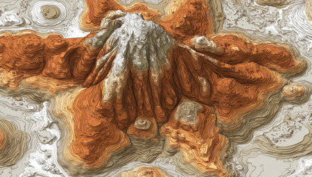 This image presents an abstract representation resembling a topographic map, showcasing a blend of brown and white hues. The textured design evokes a sense of depth and dimension. Suitable for various creative projects, this artwork may be utilized in diverse commercial and editorial applications, offering a unique visual element.の素材