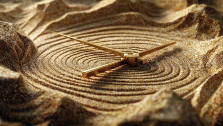 An abstract visual depicts a clock face meticulously crafted from sand with golden hands. The image displays a close-up perspective, highlighting the textures and patterns of the sand. Warm, earthy tones dominate the composition. This artwork is suitable for conceptual illustrations and designs related to time management and deadlines.の素材