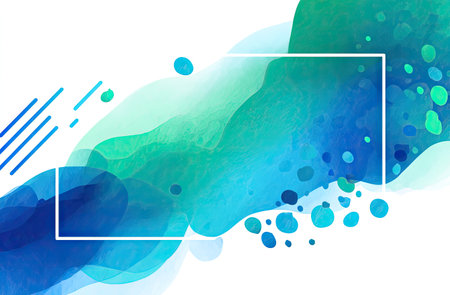 This image showcases an abstract watercolor background dominated by shades of blue and green. The artwork features flowing, blended colors with irregular shapes and a white frame element. It's a versatile design suitable for various uses, including graphic design projects, digital art, and website backgrounds.の素材