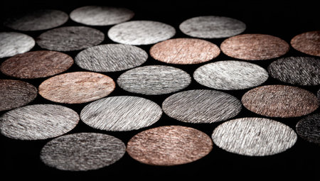 An overhead view displays multiple oval shapes of varying colors and textures. These include shades of gray, brown, and tan. The arrangement of objects is against a solid black background, creating an intriguing visual pattern. Suitable for commercial or design purposes, the image highlights the interplay of light and shadow.の素材