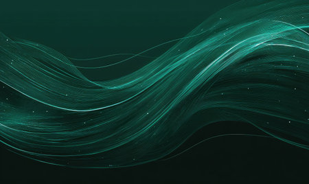 An abstract artwork features flowing teal lines against a dark backdrop. The composition showcases dynamic curves with highlights, suggesting movement and energy. This visual style could be employed in various design projects for backgrounds, digital media, or creative presentations. The piece conveys a sense of sophistication.の素材