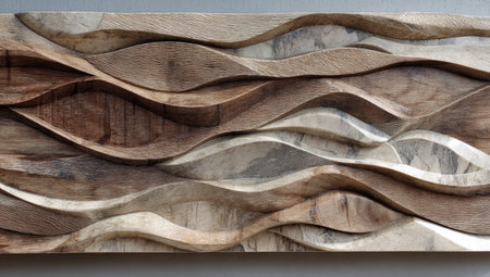 This image presents an abstract wood carving. It features a wave-like pattern of alternating light and dark wooden panels, highlighting textured surfaces. The interplay of light and shadow creates depth, suggesting a flowing, dynamic form. It could be used for various design, decorative and artistic projects.の素材