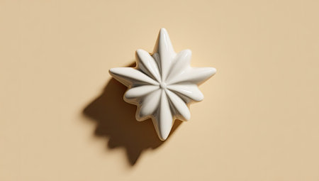 A white star-shaped sculpture is displayed on a uniformly colored beige background, creating a minimalist composition. The piece presents a textured surface, and its long shadow suggests overhead lighting. This image could be suitable for various design projects, advertisements, or visual content requiring a clean aesthetic.の素材