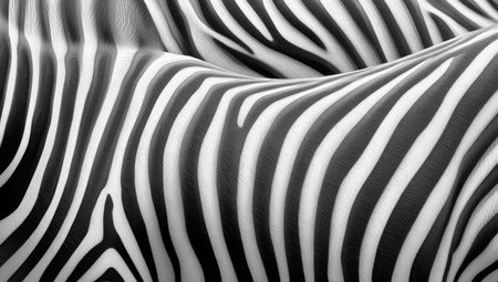 This black and white image displays a close-up of a zebra's striped pattern. The composition emphasizes the contrast between dark and light bands, creating a visually dynamic texture. The lighting appears soft, highlighting the natural curves of the subject. This image could be suitable for various design projects or artistic applications.の素材
