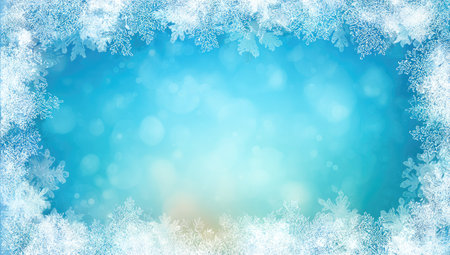This image features a vibrant blue backdrop, complemented by a decorative frame of snowflakes. The composition utilizes a soft, out-of-focus background with light bokeh effects. Suitable for seasonal projects, this visual could be used in various commercial applications.の素材