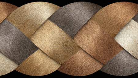 This image showcases a textured, woven pattern featuring multiple earth tone colors and a repeating design. The composition emphasizes the interlaced nature of the elements with varying shades. This photograph may be suitable for backgrounds, textiles, or design elements in commercial and editorial contexts.の素材