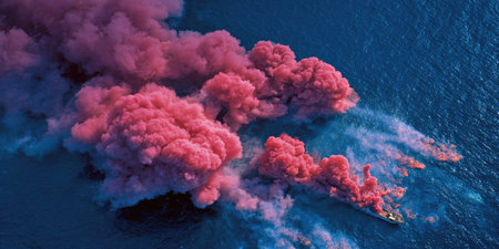 An aerial perspective showcases vibrant pink and blue smoke formations against a deep blue expanse. The composition features a textured appearance of billowing clouds, suggesting an outdoor environment. This image could be suitable for various commercial uses, including artistic designs, or editorial content related to atmospheric phenomena.の素材