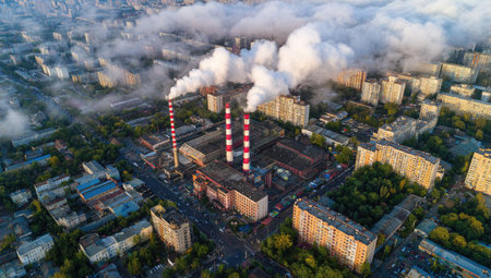 An aerial photograph showcases an industrial complex with multiple smoke stacks releasing white plumes into the atmosphere. The composition highlights the urban environment and architecture beneath the pollution. This image illustrates environmental concerns and industrial processes and may be suitable for editorial or commercial applications.の素材
