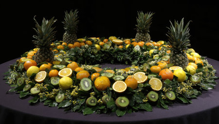 A circular display features an array of fruits and foliage. Pineapples stand tall among oranges, lemons, and kiwis, with green leaves providing a vibrant base. The composition exhibits a well-lit studio environment, showcasing colors and textures. This arrangement is appropriate for various commercial applications.の素材