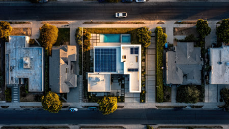 An overhead shot showcases a contemporary home featuring solar panels on the roof and a rectangular pool. The composition reveals a grid-like pattern of houses along a street. The scene is bathed in natural sunlight, suggesting a daytime setting with opportunities for various commercial and editorial applications.の素材