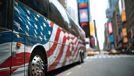 An American flag-themed bus is shown driving down a city street, partially in focus. The vehicle's side displays the iconic stars and stripes. The background is blurred but shows tall buildings and other traffic. The scene suggests a daytime setting and has potential uses in travel or patriotic concepts.の素材