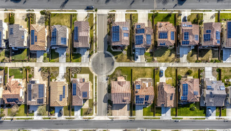 An overhead perspective reveals a residential neighborhood, showcasing rows of houses. Each house features a roof with solar panels. The image presents a grid-like composition with geometric precision. The setting appears to be outdoors under daylight conditions, likely during a sunny day. This image may suit various commercial and editorial applications.の素材