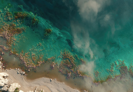 An overhead view reveals vibrant turquoise water meeting a sandy shore. Brown and green organic elements line the edge while areas of dark cloud coverage are visible in the distance. The composition and lighting create textures suitable for various commercial purposes.の素材