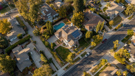 An overhead view captures a residential neighborhood, displaying a grid of streets and houses. The composition features diverse rooftops and tree canopies, creating a textured pattern. Warm sunlight bathes the scene, highlighting the colors of the homes and foliage. This image could be used for real estate, urban planning, or illustrating community life.の素材