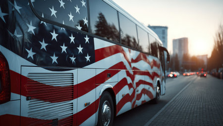A large bus, decorated with the American flag, travels down a city street in daylight. The vehicle displays a combination of red and white stripes with white stars. The composition shows the bus in motion, with cars and buildings in the background. It could be suitable for various commercial or editorial uses.の素材