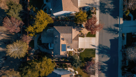 An overhead shot presents a collection of houses with rooftops and solar panels. The image displays the homes alongside tree canopies and roadways. The composition, bathed in natural light, offers a perspective suitable for illustrating urban or real estate themes. It could be used in a variety of commercial and editorial contexts.の素材