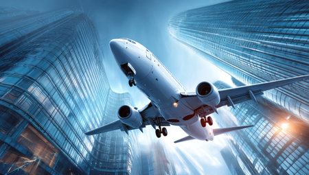 An airplane takes off, soaring past towering skyscrapers. The image features a dynamic perspective with the aircraft positioned center. Cool hues dominate the scene, creating a sense of urban energy. This composition suggests concepts related to air travel, business, and global connection. Suitable for use in various commercial and editorial applications.の素材