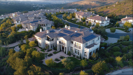 An aerial perspective showcases a collection of upscale houses featuring solar panels. The image presents a daylight scene with a composition of buildings and trees. It displays detailed architecture and landscaping. The photograph may be suitable for architectural, real estate, or environmental themes.の素材