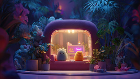 Two animated figures stand inside an illuminated structure. The scene is enveloped by vibrant green plants and foliage. Soft lighting creates a cozy atmosphere, highlighting the characters. The artwork uses a colorful and stylized approach. This image could be used for various projects, including advertising or creative content.の素材
