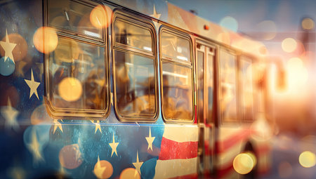 An American bus is seen with a patriotic theme, including stars and stripes. The image showcases a colorful design with bokeh effects. The bus appears outdoors with a warm, sunny glow and may be suitable for various commercial or editorial applications.の素材