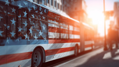 A bus with an American flag design travels down a city street. The vehicle features red, white, and blue colors, with prominent stars and stripes. The composition includes a blurred background, suggesting movement and a sunny environment, suitable for various editorial and commercial applications.の素材