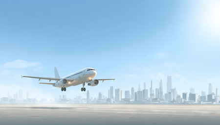 An airplane takes off, ascending against a backdrop of a city skyline and a vast, bright sky. The composition features the aircraft centrally, with the city blurred in the distance. The scene is bathed in a soft, natural light, suitable for uses related to air travel or transportation.の素材