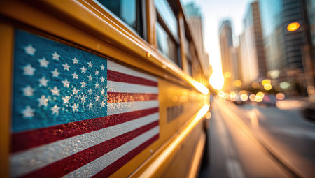 A close-up view presents a school bus displaying the American flag. The vehicle's vibrant yellow contrasts with the flag's colors. A cityscape forms the backdrop, bathed in the warm light of sunrise, creating an atmosphere of early morning. This image could serve various educational or commercial purposes, reflecting concepts of travel and national identity.の素材
