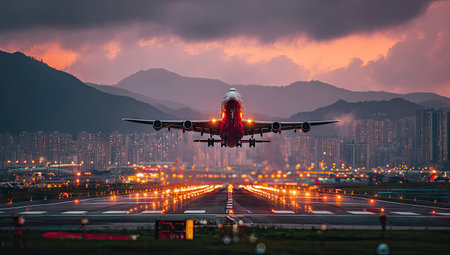 An airplane takes off from a runway at dusk. The scene showcases an aircraft against a backdrop of city lights and mountains under a colorful sky. The image features a symmetrical composition with warm tones, capturing the essence of travel and transit. Suitable for various commercial and editorial applications.の素材